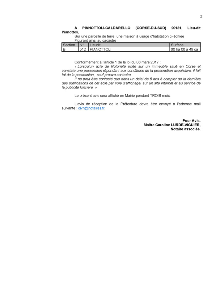 Avis de création de titre de propriété - Commune de Pianottoli-Caldarello (Corse-du-Sud)