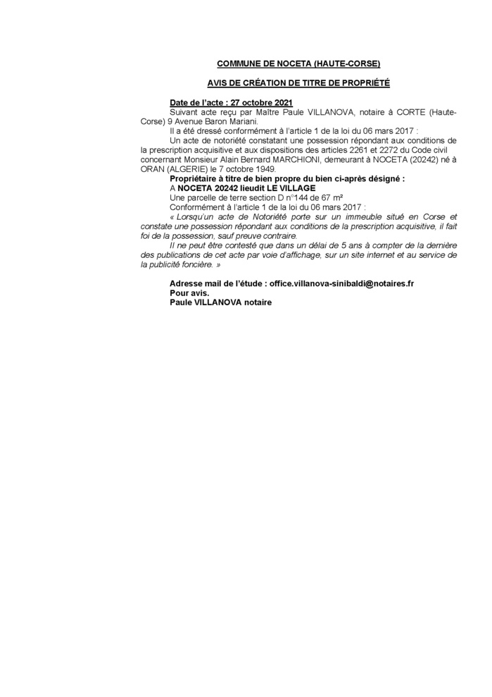 Avis de création de titre de propriété - Commune de Noceta (Haute-Corse)