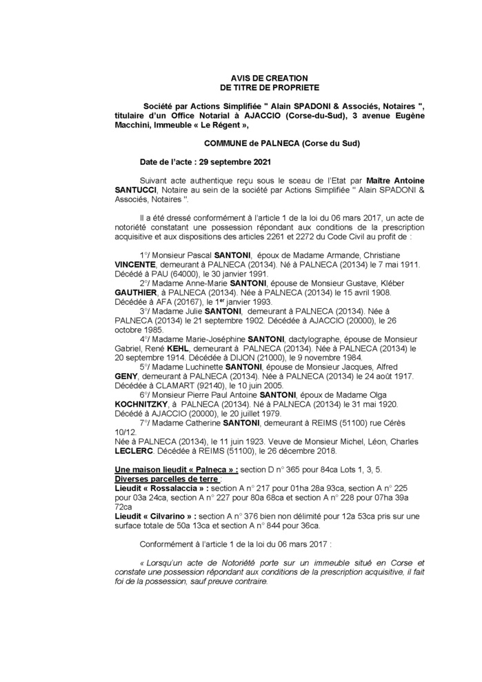 Avis de création de titre de propriété - Commune de Palneca (Corse-du-Sud)