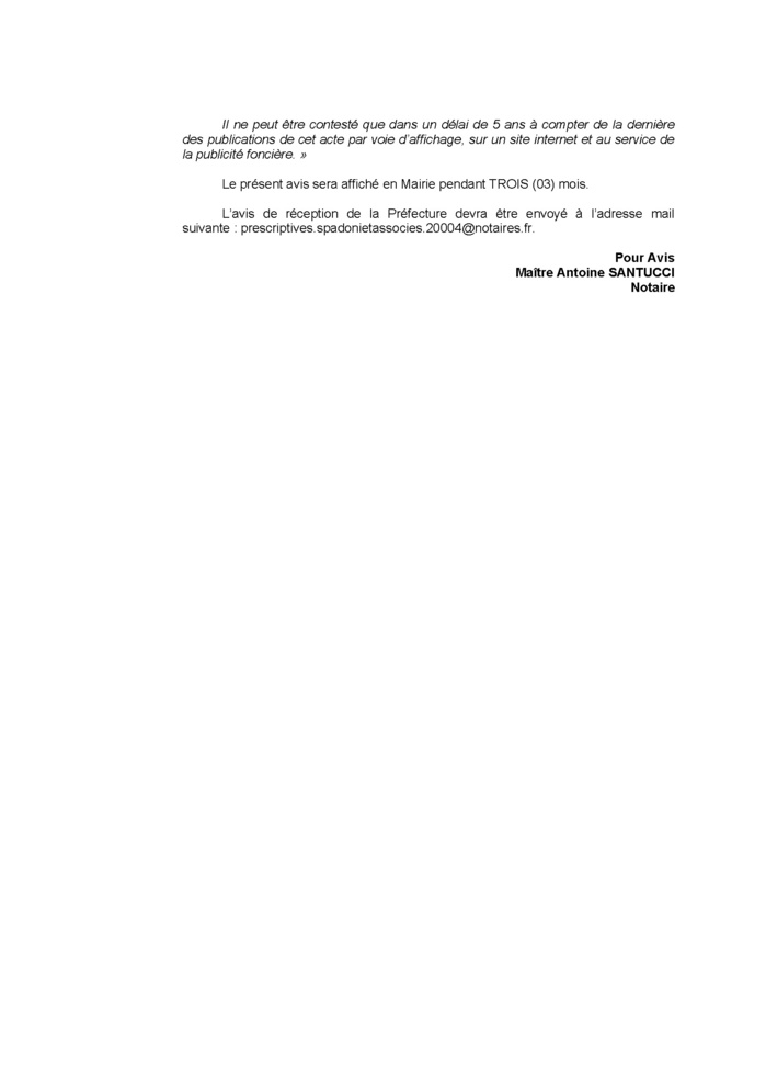 Avis de création de titre de propriété - Commune de Palneca (Corse-du-Sud)