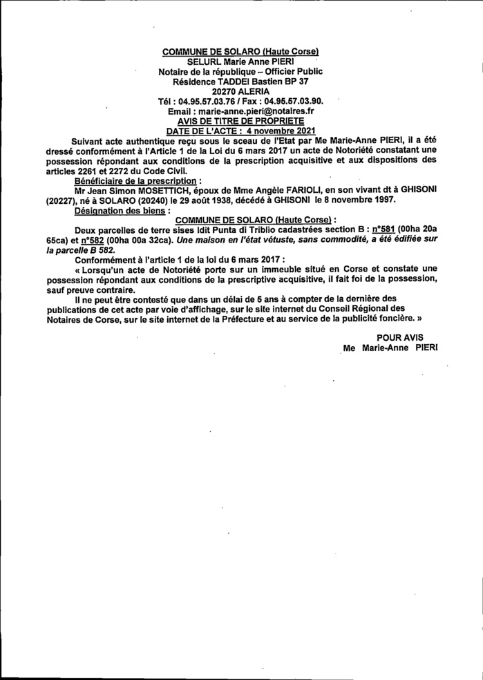 Avis de création de titre de propriété - Commune de Solaro (Haute-Corse)