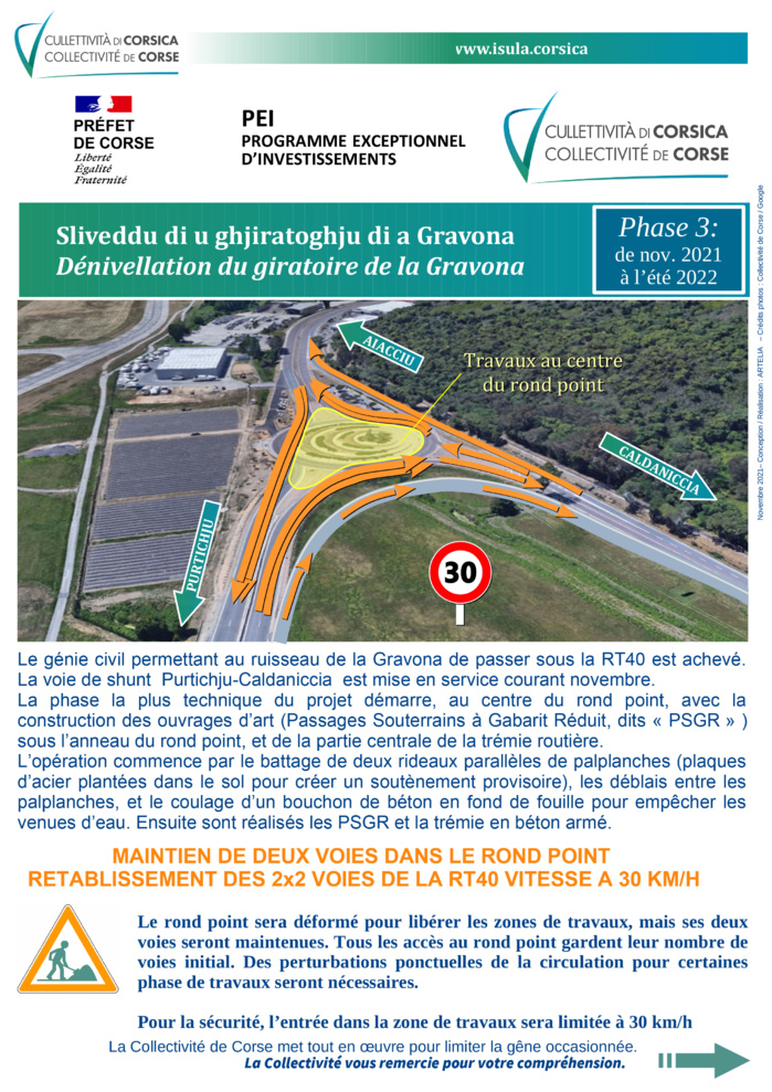 Infrastructures routières du Grand Aiacciu : RT 40 – Phase 3 des travaux de dénivellation du giratoire de la Gravona Infrastructures routières du Grand Aiacciu : RT 40 – Phase 3 des travaux de dénivellation du giratoire de la Gravona