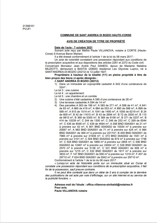 Avis de création de titre de propriété - Commune de Sant'Andrea-di-Bozio (Haute-Corse) Avis de création de titre de propriété - Commune de Sant'Andrea-di-Bozio (Haute-Corse)