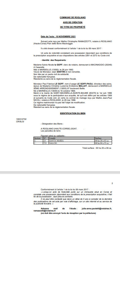 Avis de création de titre de propriété - Commune de Rogliano (Haute-Corse) Avis de création de titre de propriété - Commune de Rogliano (Haute-Corse)