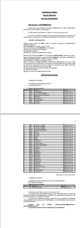 Avis de création de titre de propriété - Commune de Tomino (Haute-Corse)