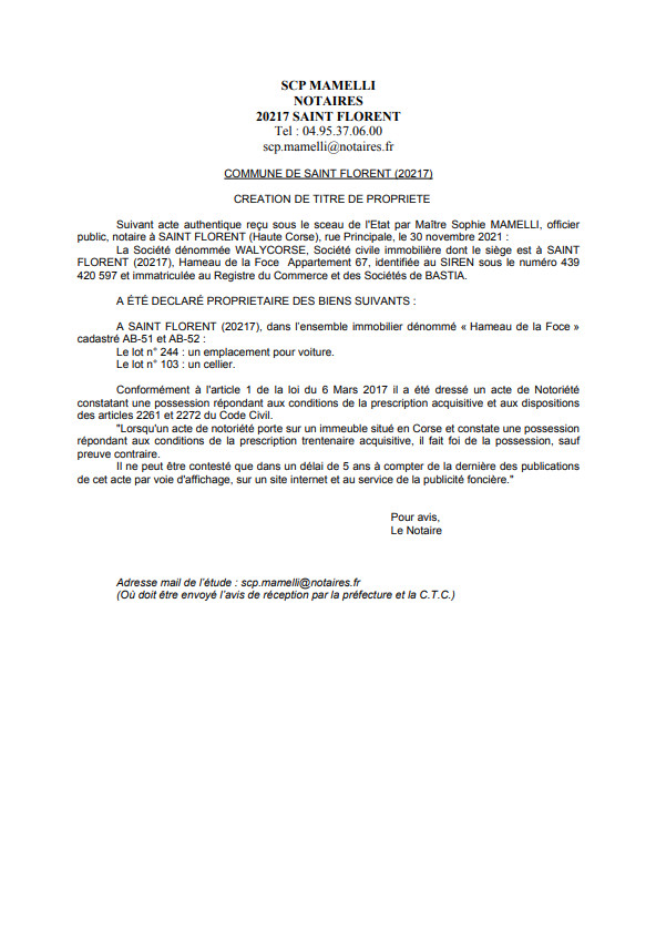 Avis de création de titre de propriété - Commune de Saint-Florent (Haute-Corse) Avis de création de titre de propriété - Commune de Saint-Florent (Haute-Corse)