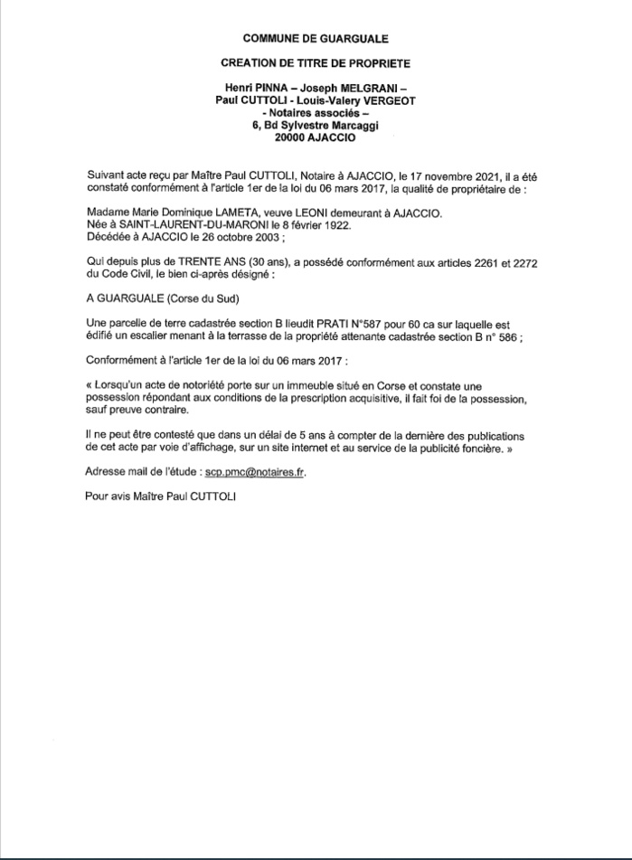 Avis de création de titre de propriété -Commune de Guargale (Corse-du-Sud)  Avis de création de titre de propriété -Commune de Guargale (Corse-du-Sud)