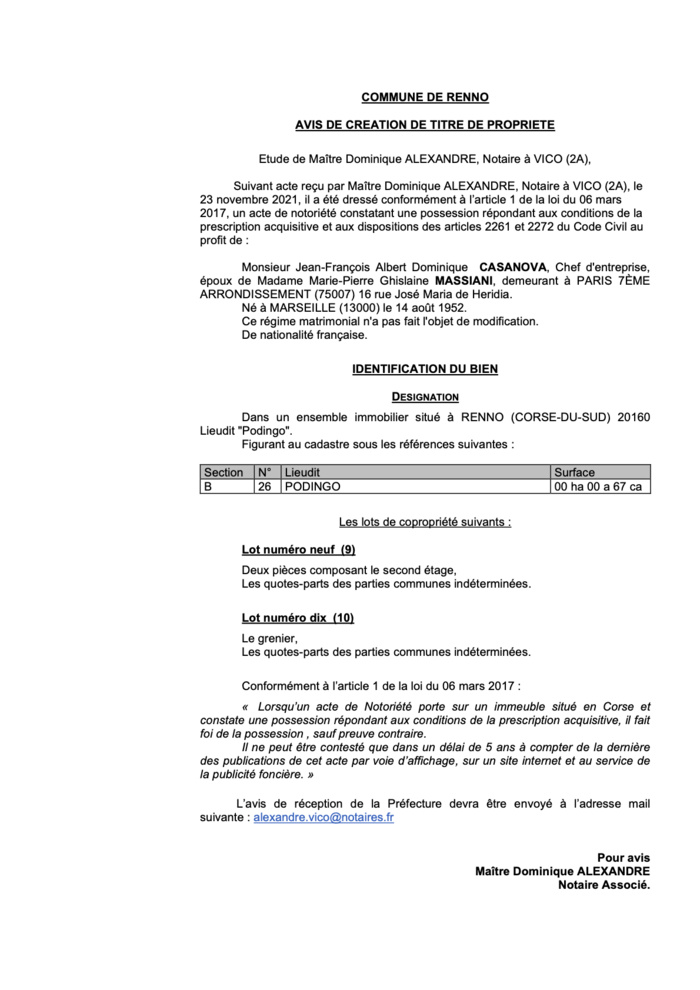  Avis de création de titre de propriété -Commune de Renno (Corse-du-Sud)