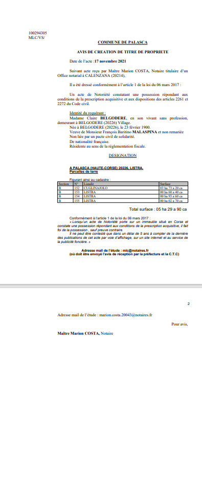 Avis de création de titre de propriété -Commune de Palasca (Haute-Corse) Avis de création de titre de propriété -Commune de Palasca (Haute-Corse)