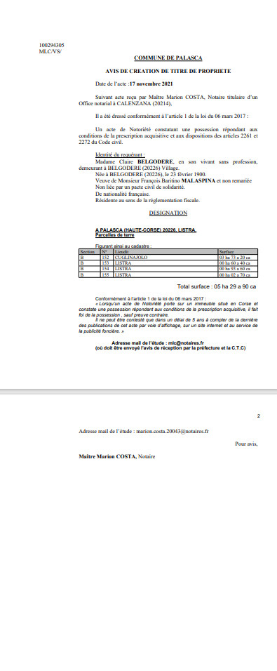  Avis de création de titre de propriété -Commune de Palasca (Haute-Corse)