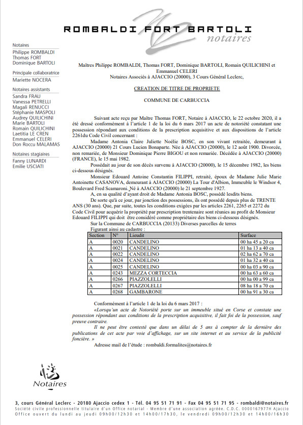 Avis de création de titre de propriété -Commune de Carbuccia (Corse-du-Sud)