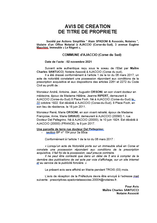 Avis de création de titre de propriété -Commune d'Ajaccio (Corse-du-Sud) Avis de création de titre de propriété -Commune d'Ajaccio (Corse-du-Sud)