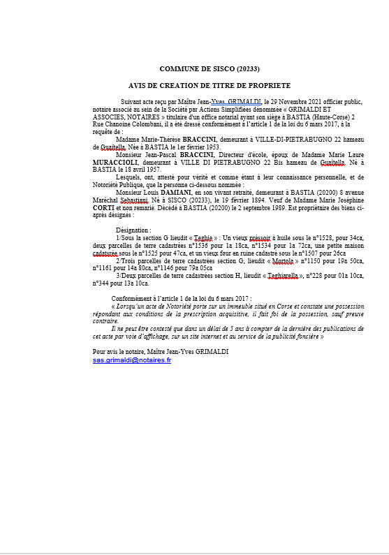 Avis de création de titre de propriété - Commune de Sisco (Haute-Corse) Avis de création de titre de propriété - Commune de Sisco (Haute-Corse)