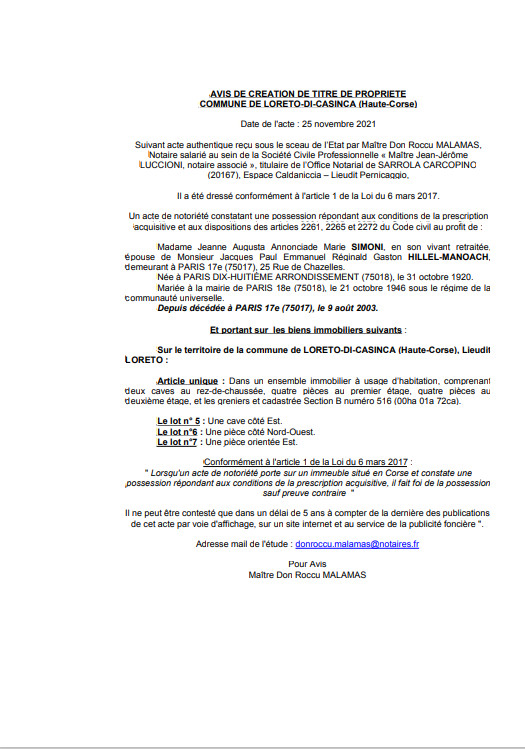 Avis de création de titre de propriété - Commune de Loreto-di-Casinca (Haute-Corse) Avis de création de titre de propriété - Commune de Loreto-di-Casinca (Haute-Corse)