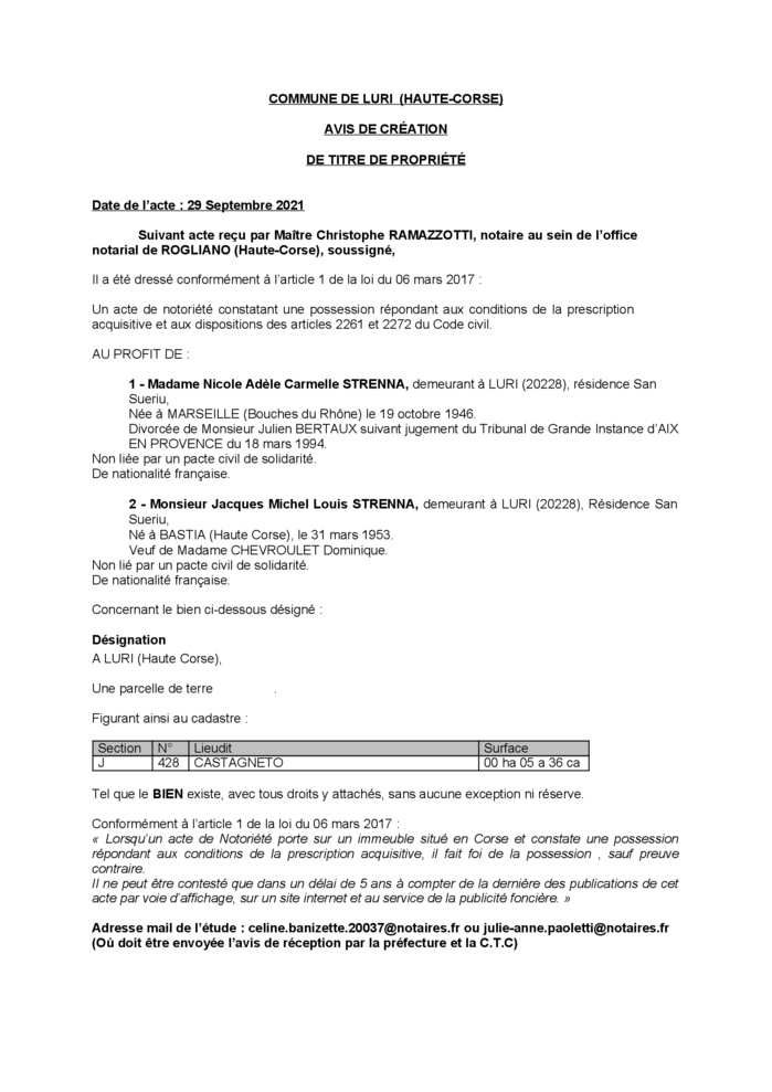Avis de création de titre de propriété - Commune de Luri (Haute-Corse)