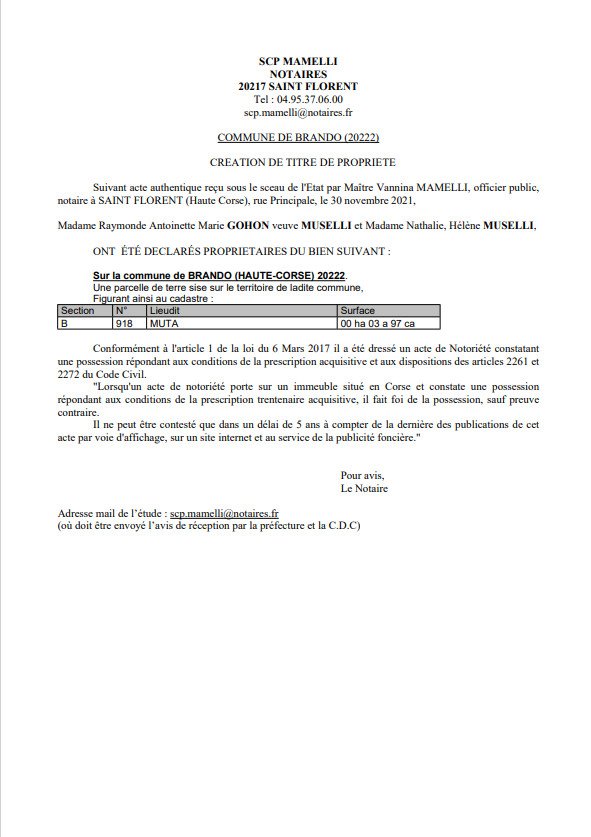 Avis de création de titre de propriété - Commune de Brando (Haute-Corse) Avis de création de titre de propriété - Commune de Brando (Haute-Corse)