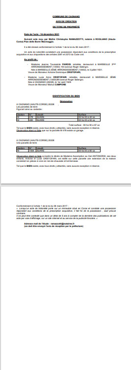 Avis de création de titre de propriété - Commune de Cagnano (Haute-Corse) Avis de création de titre de propriété - Commune de Cagnano (Haute-Corse)