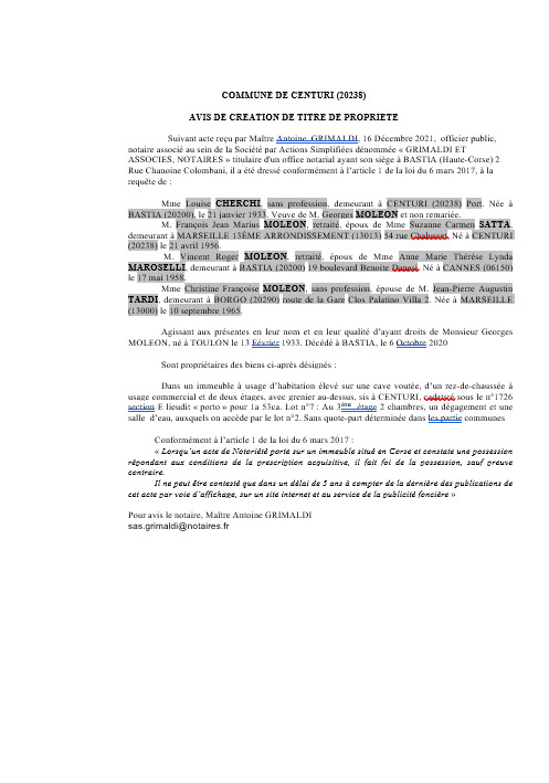 Avis de création de titre de propriété - Commune de Centuri (Haute-Corse) Avis de création de titre de propriété - Commune de Centuri (Haute-Corse)