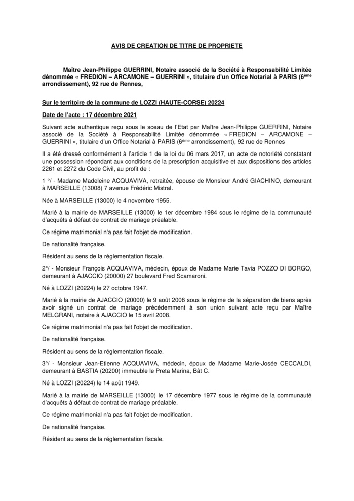  Avis de création de titre de propriété - Commune de Lozzi (Haute-Corse)