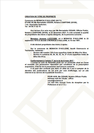 Avis de création de titre de propriété - Commune de Monaccia d'Aullene (Corse-du-Sud) Avis de création de titre de propriété - Commune de Monaccia d'Aullene (Corse-du-Sud)