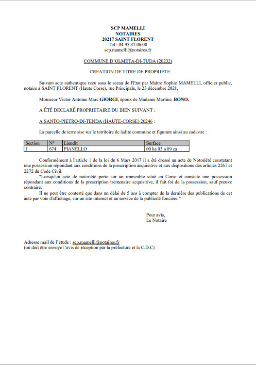 Avis de création de titre de propriété - Commune d'Olmeta-di-Tuda (Haute-Corse)