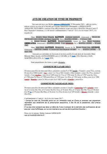 Avis de création de titre de propriété - Communes de Canari et Vallecalle (Haute-Corse) Avis de création de titre de propriété - Communes de Canari et Vallecalle (Haute-Corse)