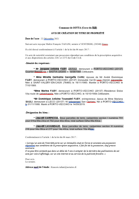 Avis de création de titre de propriété -Commune de Sotta (Corse-du-Sud) Avis de création de titre de propriété -Commune de Sotta (Corse-du-Sud)