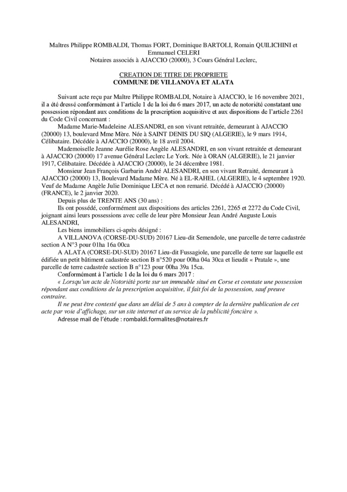 Avis de création de titre de propriété -Communes de Villanova et d'Alta (Corse-du-Sud) Avis de création de titre de propriété -Communes de Villanova et d'Alta (Corse-du-Sud)