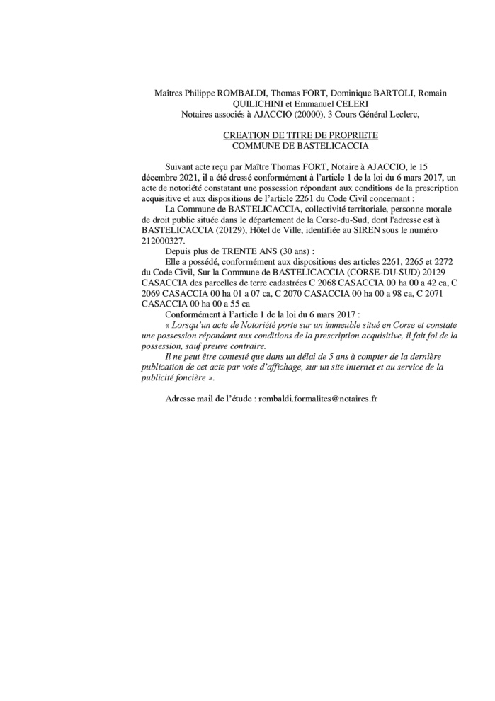 Avis de création de titre de propriété -Commune de Bastelicaccia (Corse-du-Sud) Avis de création de titre de propriété -Commune de Bastelicaccia (Corse-du-Sud)