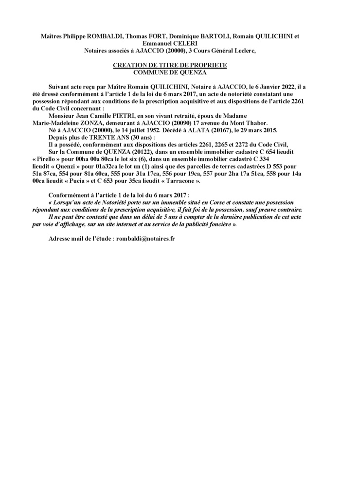 Avis de création de titre de propriété -Commune de Quenza (Corse-du-Sud)
