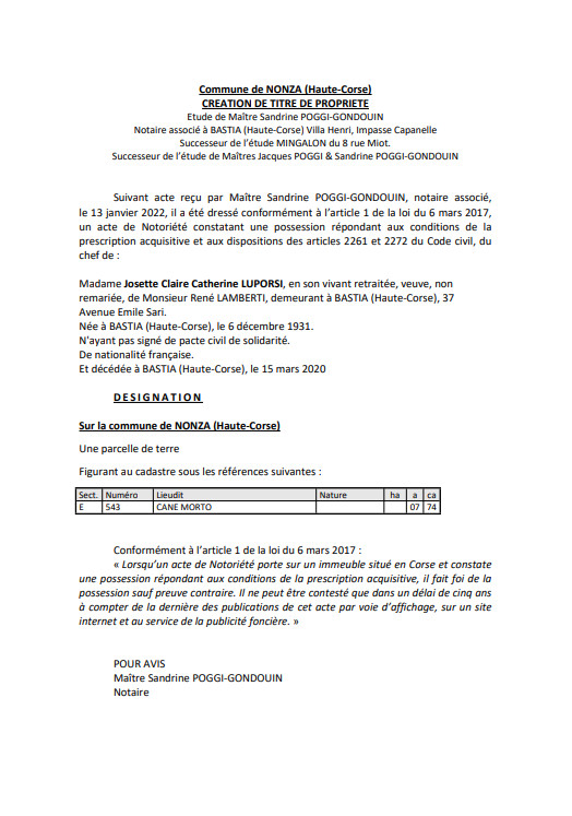  Avis de création de titre de propriété - Commune de Nonza (Haute-Corse)