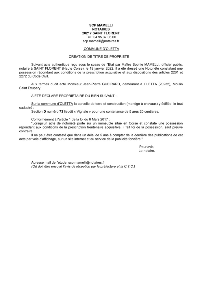 Avis de création de titre de propriété - Commune d'Oletta (Haute-Corse)