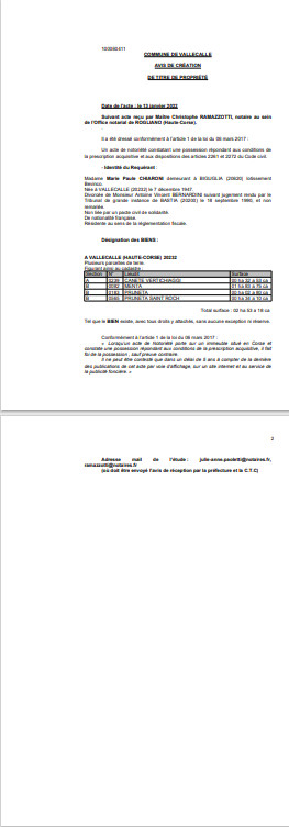 Avis de création de titre de propriété - Commune de Vallecalle (Haute-Corse) Avis de création de titre de propriété - Commune de Vallecalle (Haute-Corse)