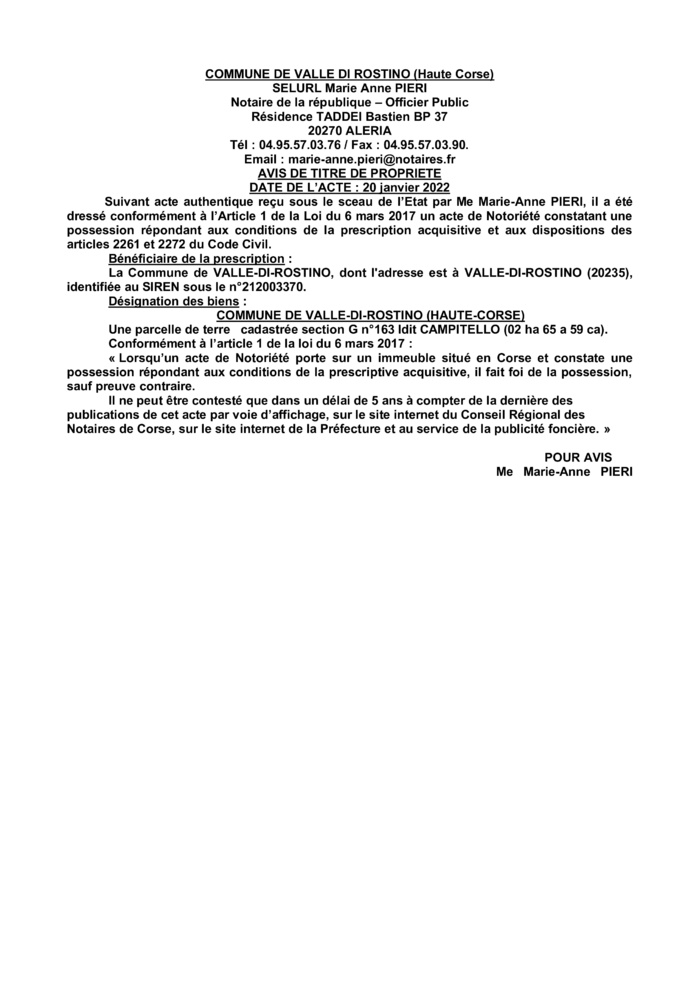  Avis de création de titre de propriété - Commune de Valle di Rustino (Haute-Corse)
