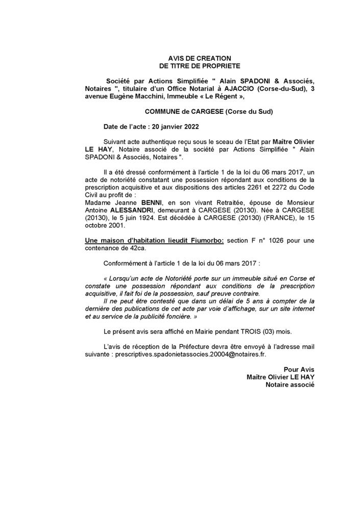 Avis de création de titre de propriété -Commune de Cargese (Corse-du-Sud)