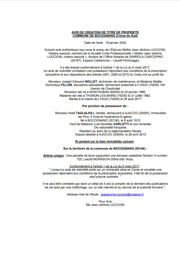 Avis de création de titre de propriété -Commune de Bocognano (Corse-du-Sud) Avis de création de titre de propriété -Commune de Bocognano (Corse-du-Sud)
