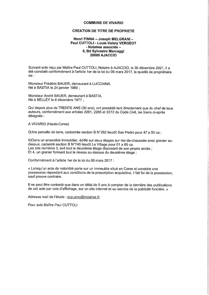 Avis de création de titre de propriété -Commune de Vivario (Corse-du-Sud)) Avis de création de titre de propriété -Commune de Vivario (Corse-du-Sud))