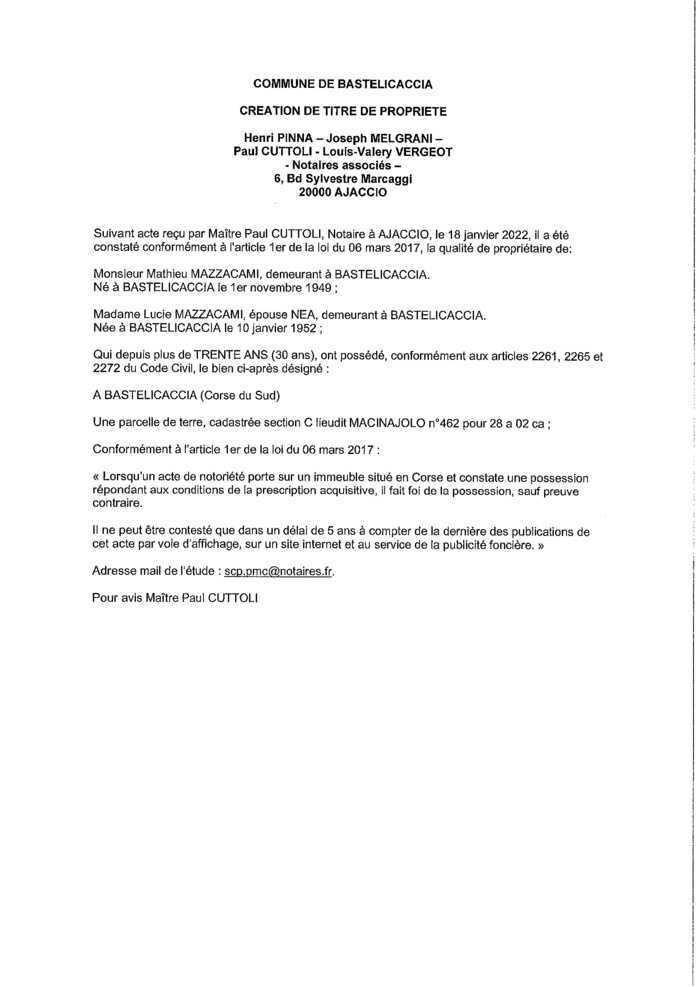 Avis de création de titre de propriété -Commune de Bastelicaccia (Corse-du-Sud))