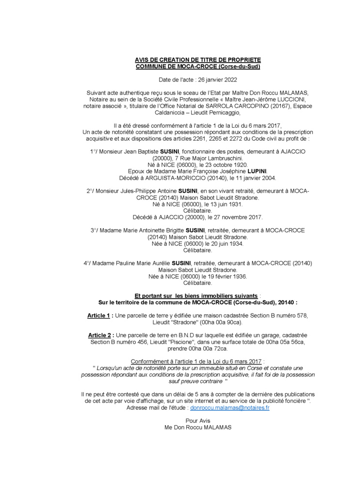 Avis de création de titre de propriété -Commune de Moca-Croce (Corse-du-Sud) Avis de création de titre de propriété -Commune de Moca-Croce (Corse-du-Sud)