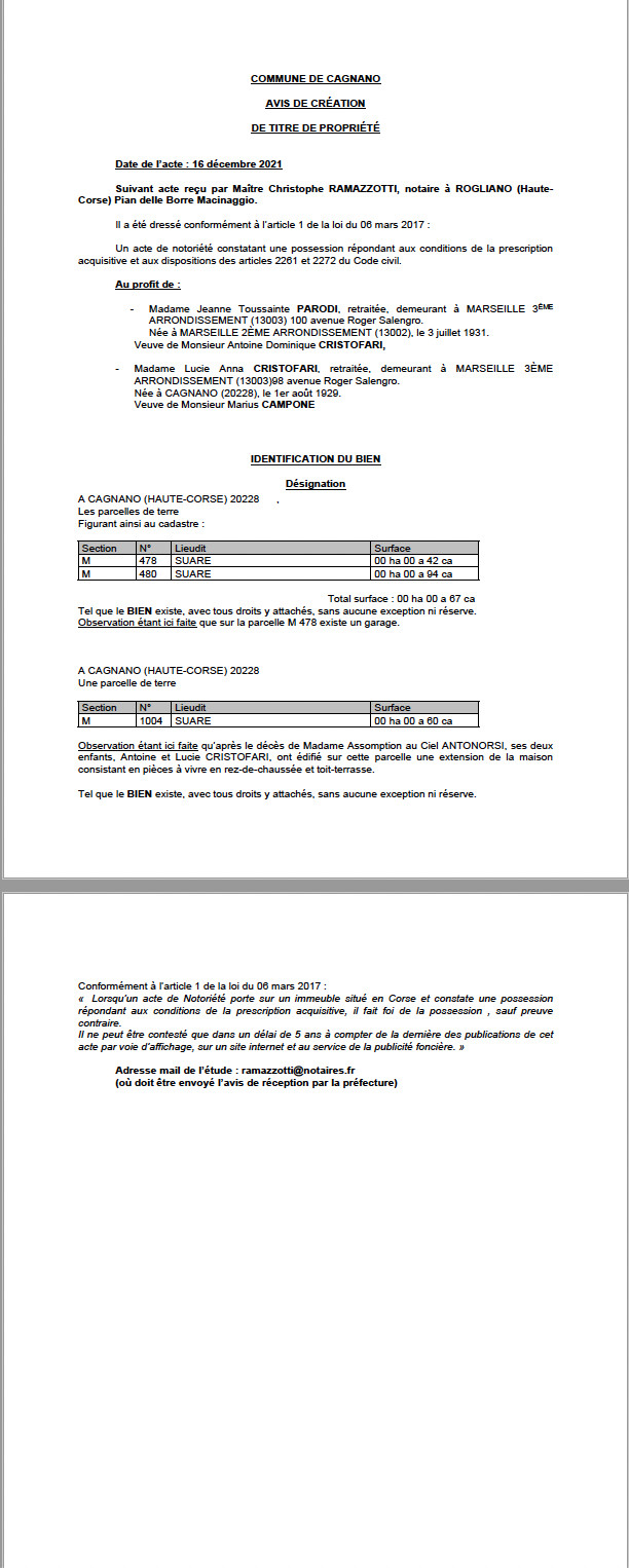 Avis de création de titre de propriété - Commune de Cagnano (Haute-Corse)