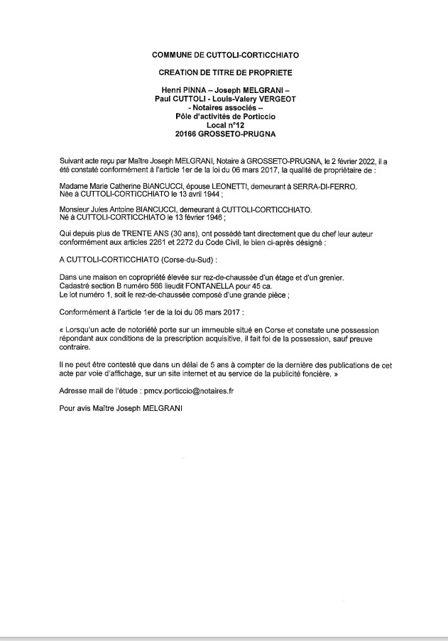 Avis de création de titre de propriété -Commune de Cuttoli-Corticchiato (Corse-du-Sud) Avis de création de titre de propriété -Commune de Cuttoli-Corticchiato (Corse-du-Sud)