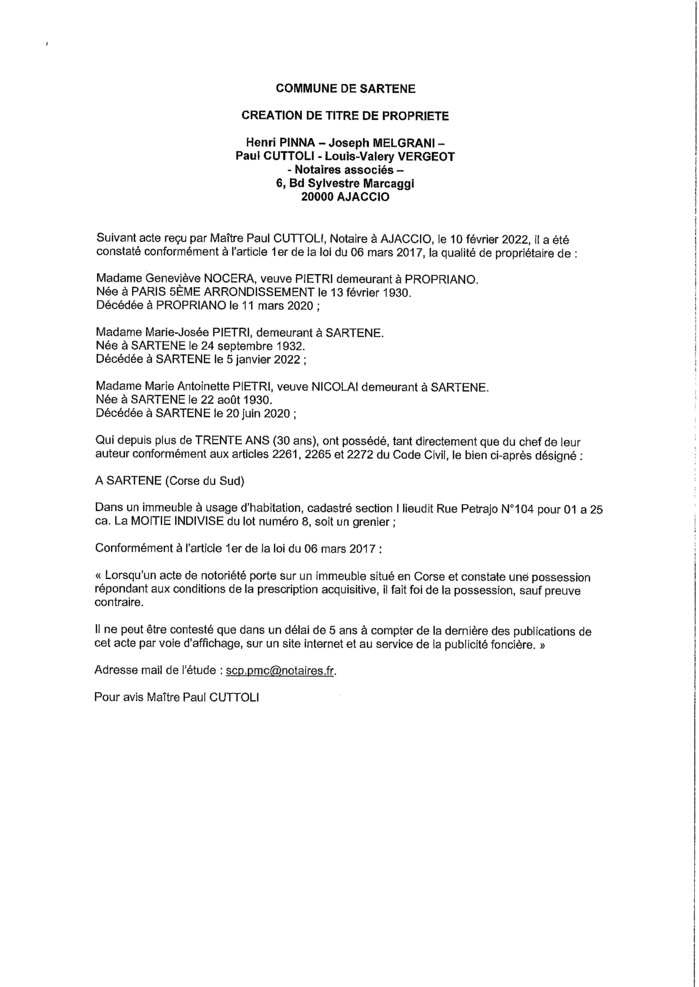 Avis de création de titre de propriété - Commune de Sartène (Corse-du-Sud) Avis de création de titre de propriété - Commune de Sartène (Corse-du-Sud)