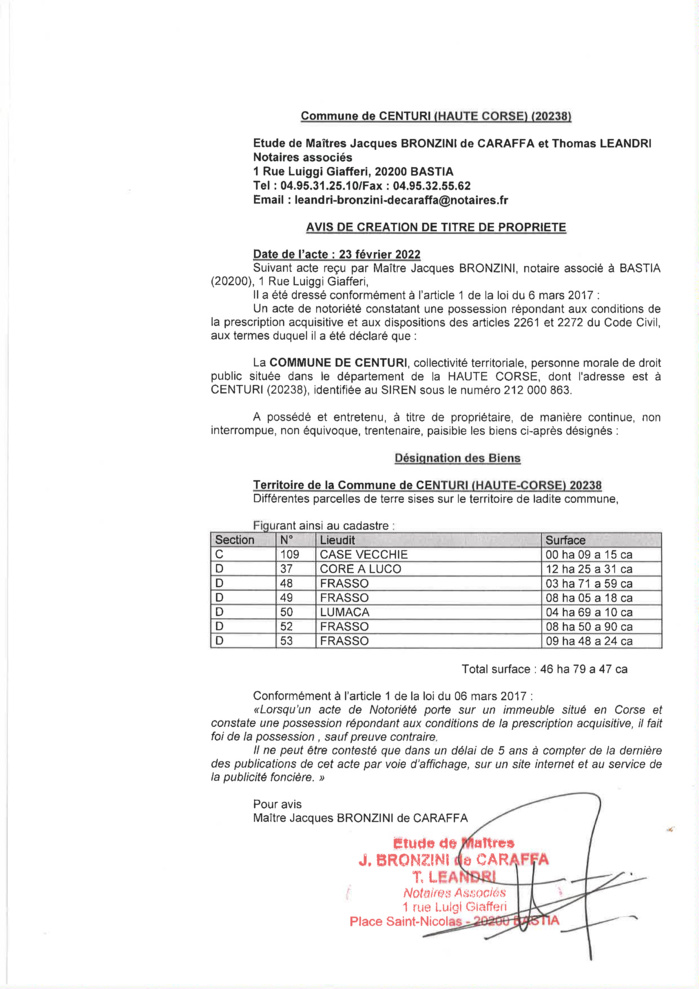 Avis de création de titre de propriété - Commune de Centuri (Haute-Corse)