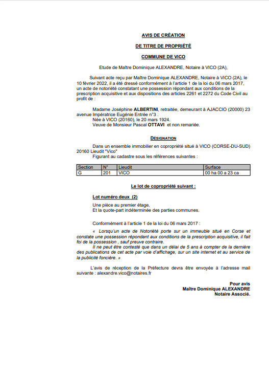 Avis de création de titre de propriété - Commune de Vico (Corse-du-Sud) Avis de création de titre de propriété - Commune de Vico (Corse-du-Sud)