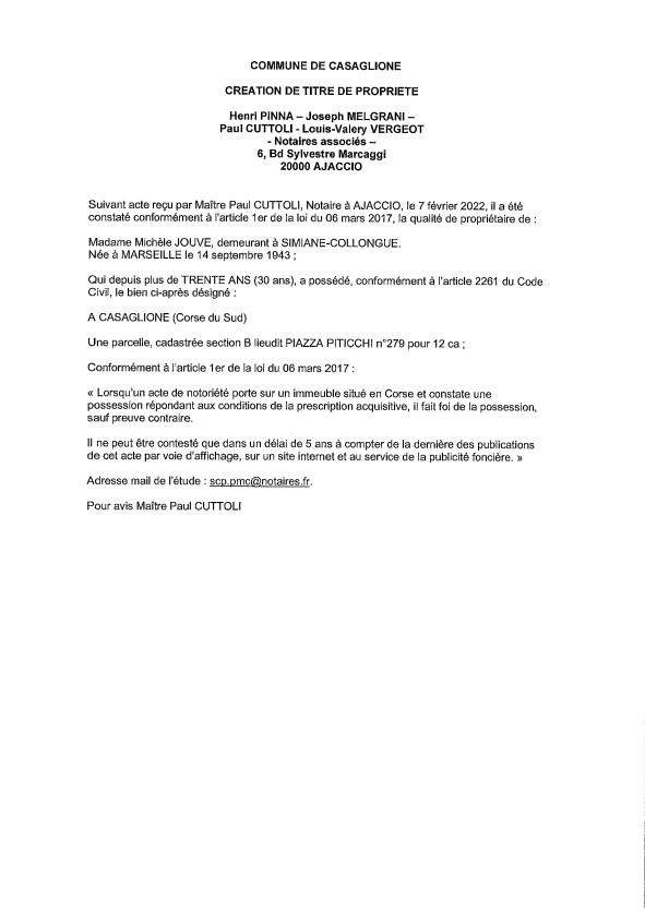 Avis de création de titre de propriété - Commune de Casaglione (Corse-du-Sud) Avis de création de titre de propriété - Commune de Casaglione (Corse-du-Sud)