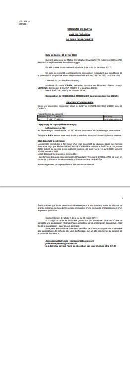 Avis de création de titre de propriété - Commune de Bastia (Haute-Corse) Avis de création de titre de propriété - Commune de Bastia (Haute-Corse)
