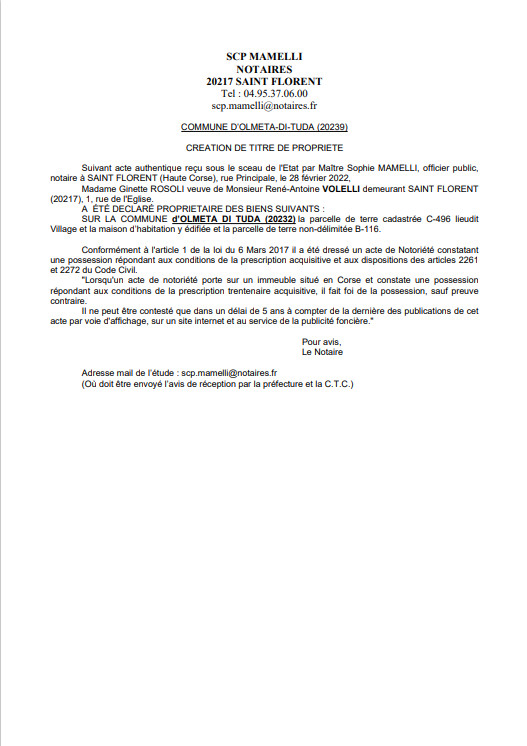  Avis de création de titre de propriété - Commune d'Olmeta-di-Tuda (Haute-Corse)
