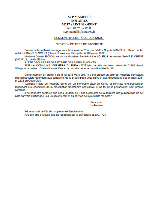 Avis de création de titre de propriété - Commune d'Olmeta-di-Tuda (Haute-Corse) Avis de création de titre de propriété - Commune d'Olmeta-di-Tuda (Haute-Corse)