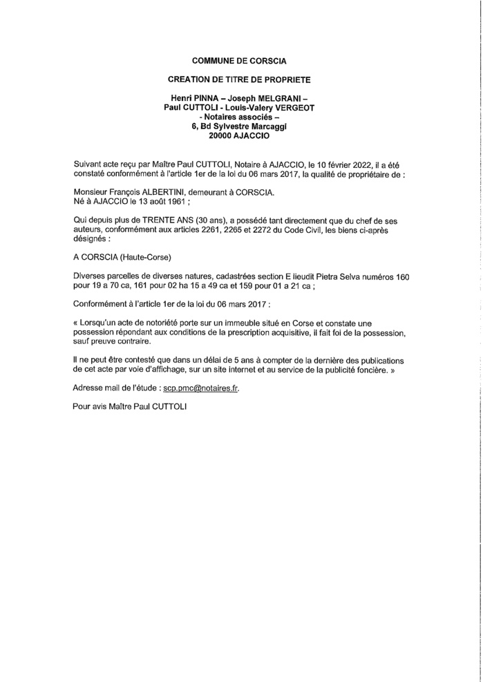 Avis de création de titre de propriété - Commune de Corscia (Haute-Corse) Avis de création de titre de propriété - Commune de Corscia (Haute-Corse)