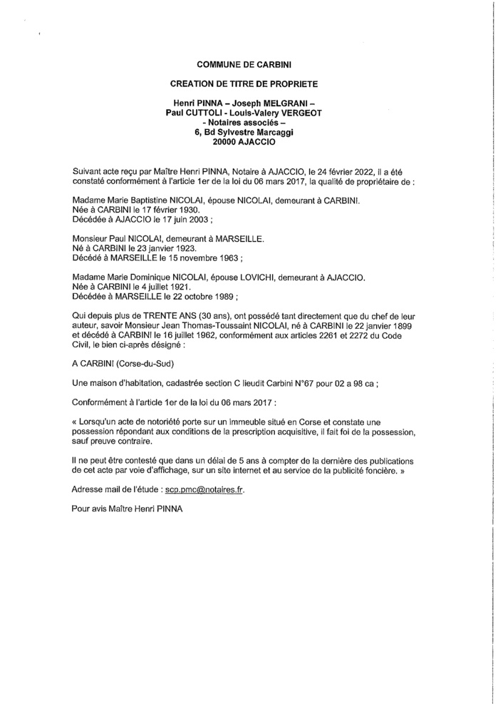 Avis de création de titre de propriété - Commune de Carbini (Corse-du-Sud) Avis de création de titre de propriété - Commune de Carbini (Corse-du-Sud)